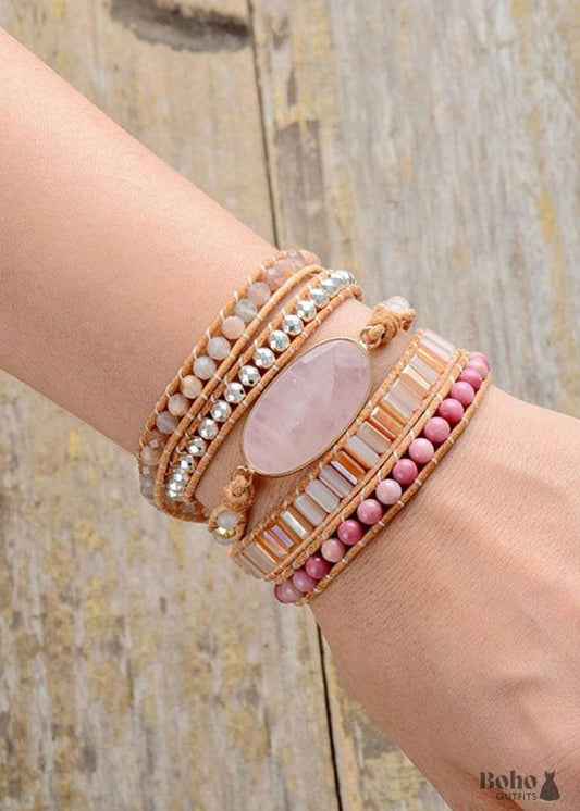 Boho Bracelet 5 Layers Leather Wrap Pink Pastel Rhodonite -