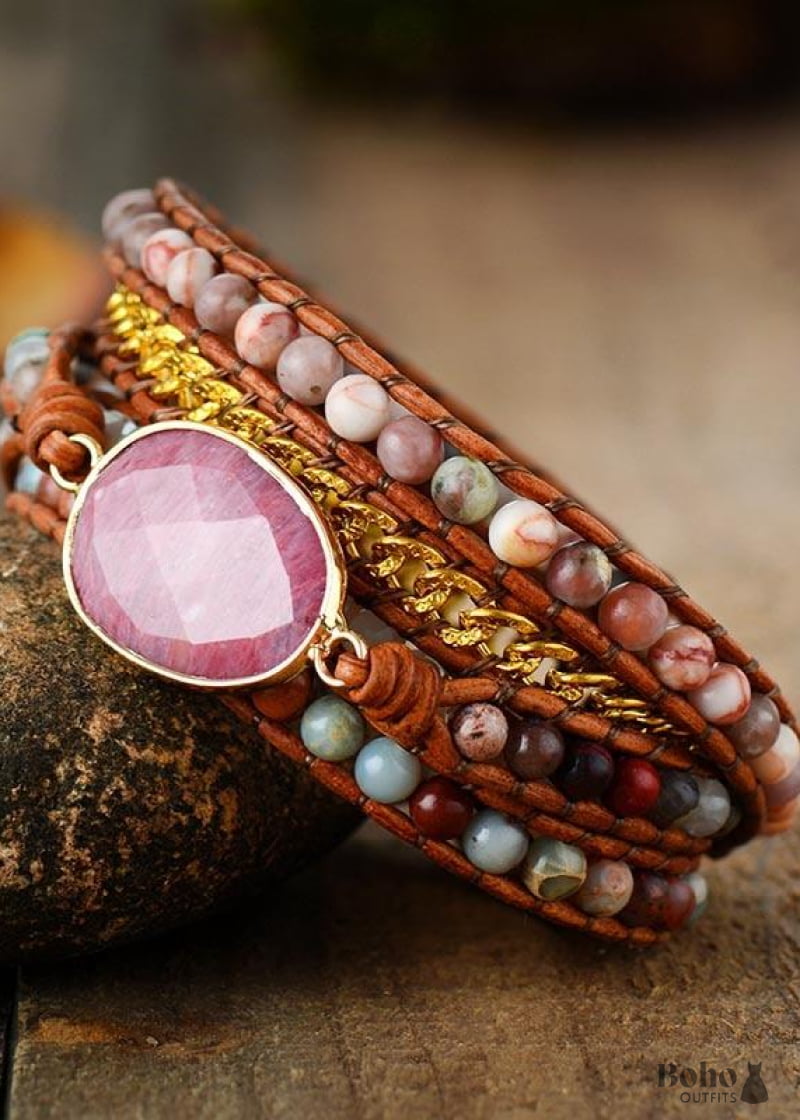 Boho Bracelet 5 Layers Leather Wrap Pink Rhodonite - Jewelry