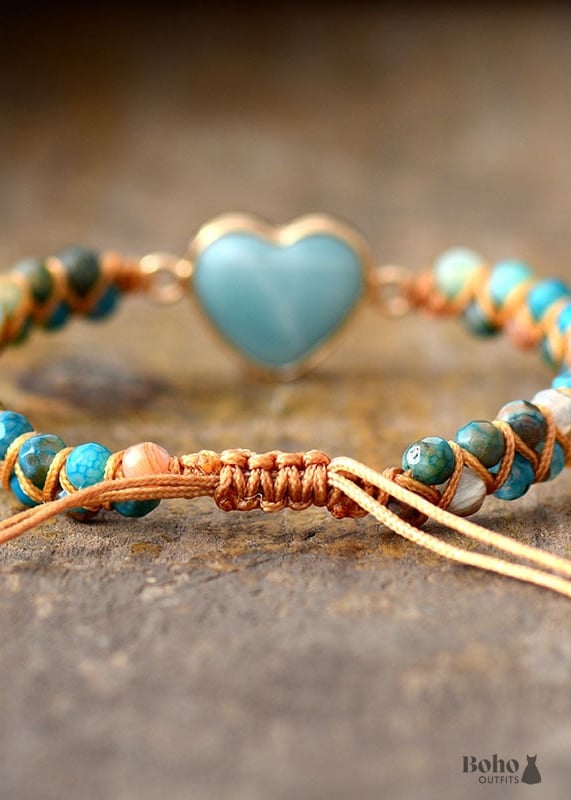 Boho Bracelet Friendship Macrame Blue Heart Amazonite -