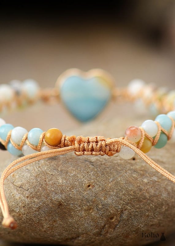 Boho Bracelet Friendship Macrame Blue Heart Amazonite -