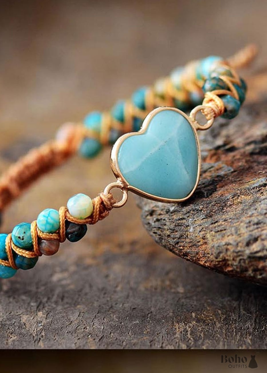 Boho Bracelet Friendship Macrame Blue Heart Amazonite -