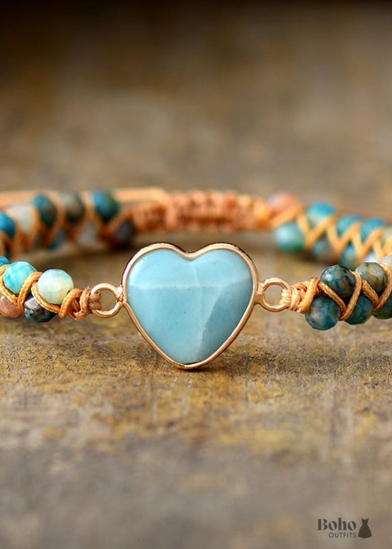 Boho Bracelet Friendship Macrame Blue Heart Amazonite -