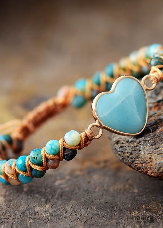 Boho Bracelet Friendship Macrame Blue Heart Amazonite -