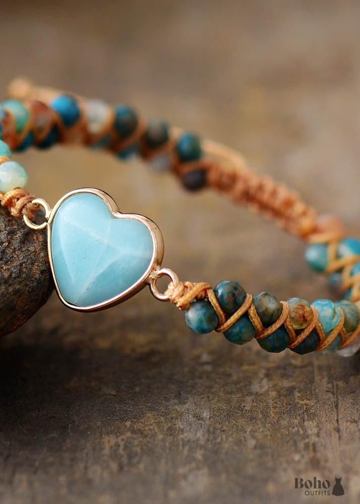 Boho Bracelet Friendship Macrame Blue Heart Amazonite -