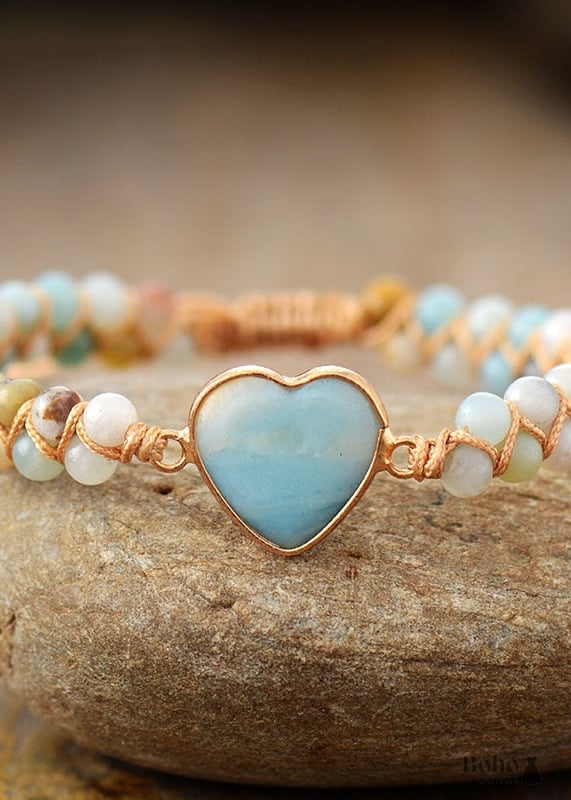 Boho Bracelet Friendship Macrame Blue Heart Amazonite - Onyx