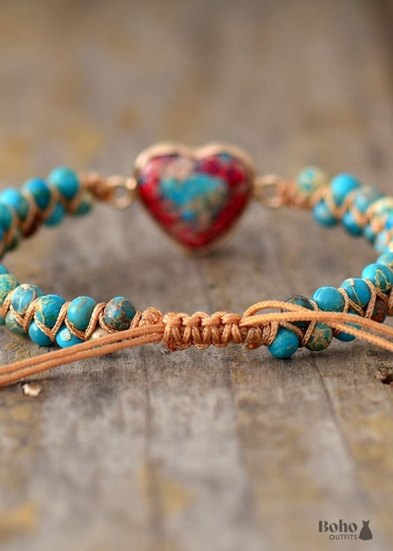 Boho Bracelet Friendship Macrame Red Heart Jaspers - Jewelry