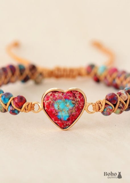 Boho Bracelet Friendship Macrame Red Heart Jaspers - Jewelry