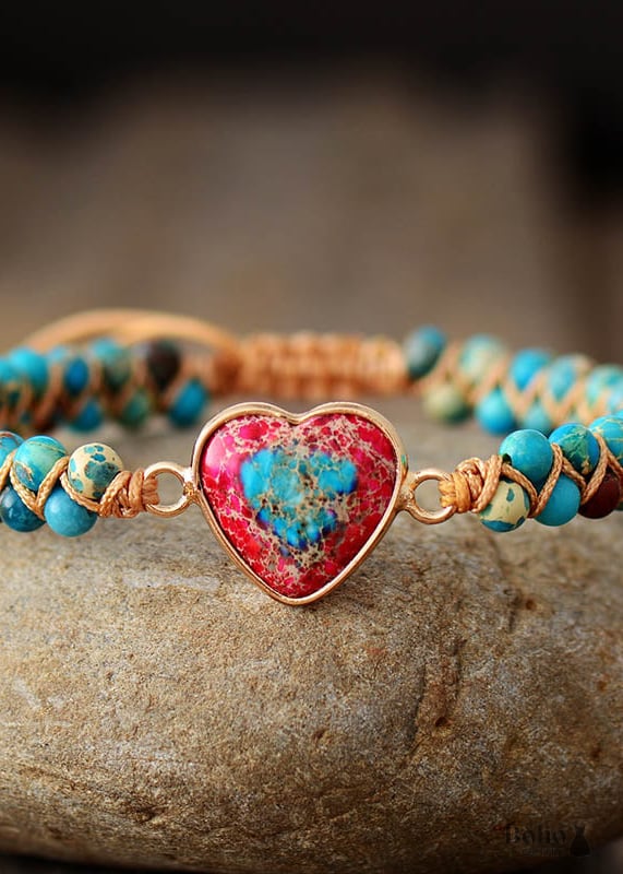 Boho Bracelet Friendship Macrame Red Heart Jaspers - Jewelry