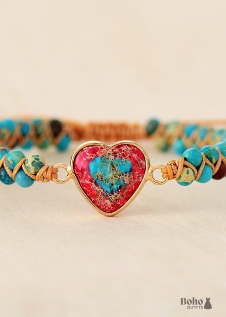 Boho Bracelet Friendship Macrame Red Heart Jaspers -