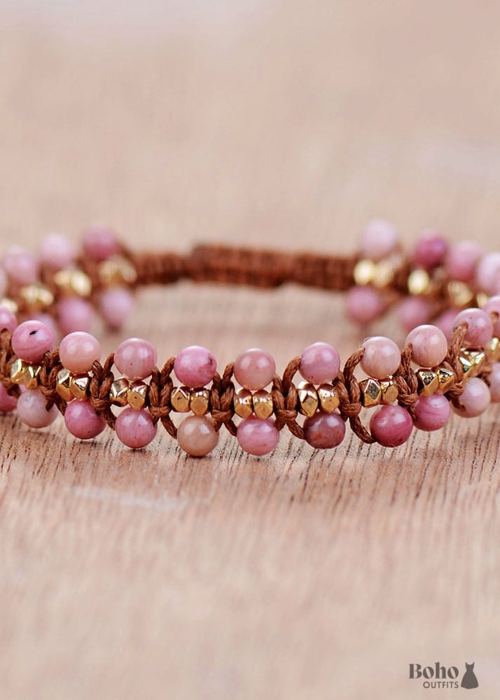 Boho Bracelet Friendship Pink Rhodonite and Blue Amazonite -