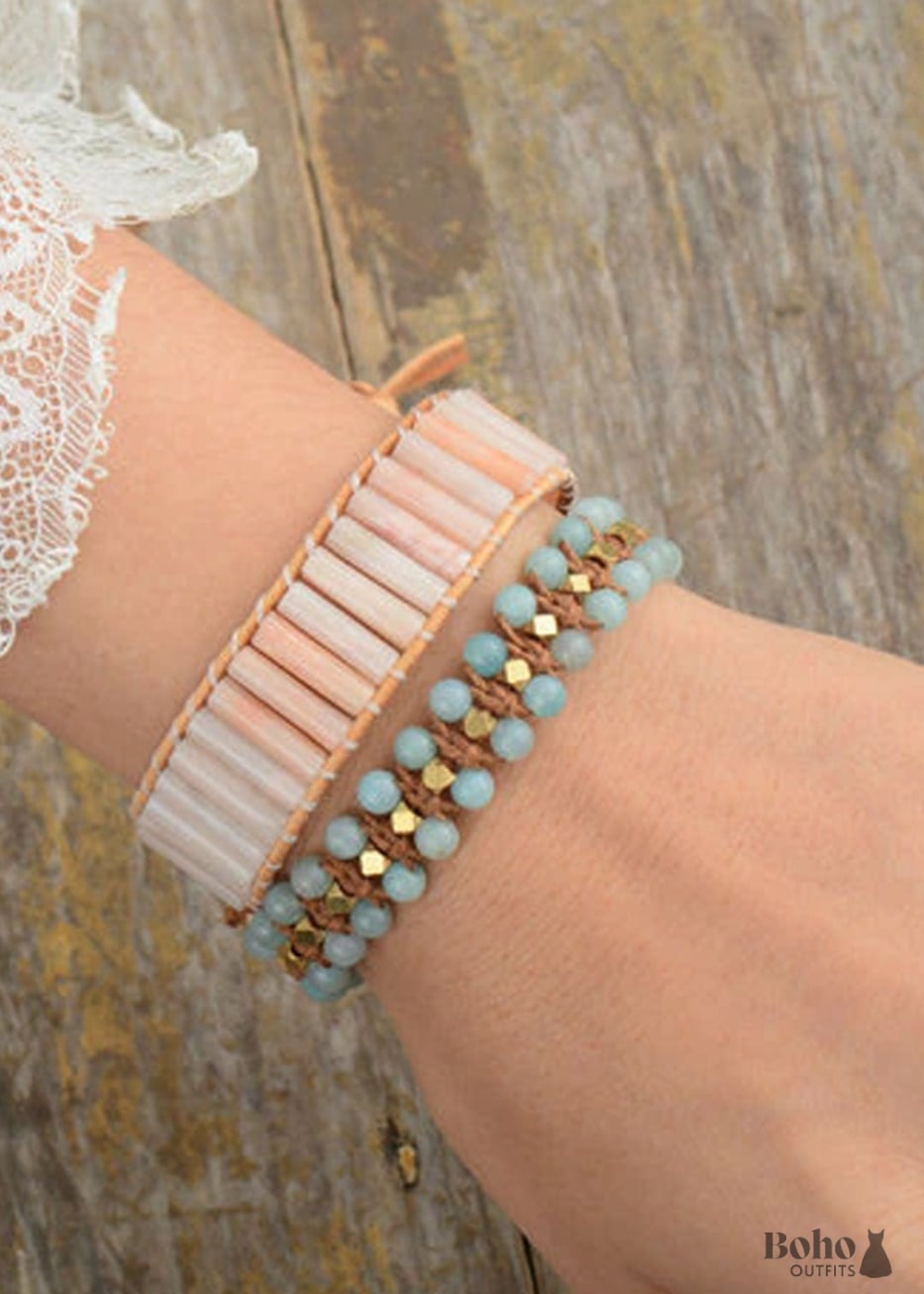 Boho Bracelet Friendship Pink Rhodonite and Blue Amazonite -