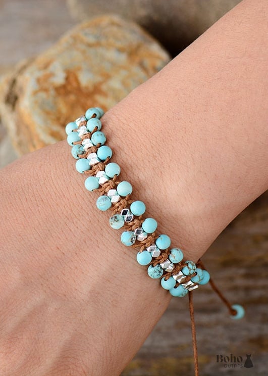 Boho Bracelet Friendship Pink Rhodonite and Blue Amazonite -