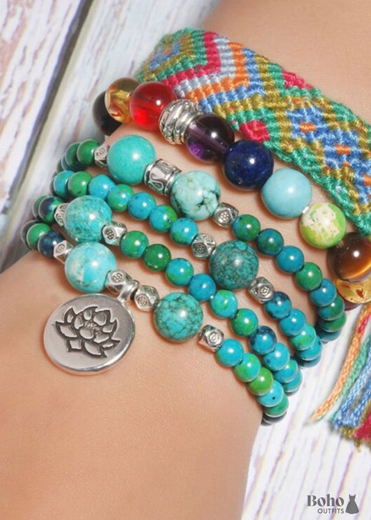 Boho Bracelet Layers Blue Turquoise Mala Red Mantra Lotus