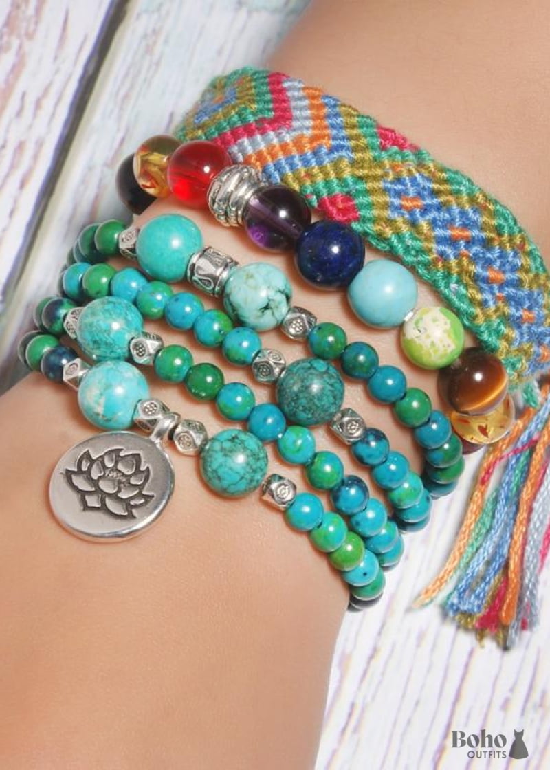 Boho Bracelet Layers Blue Turquoise Mala Red Mantra Lotus