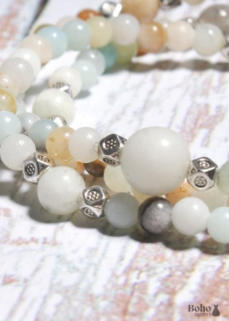 Boho Bracelet Layers Green Amazonite Mala Mantra Lotus