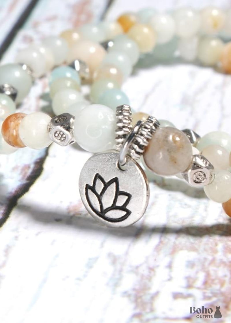 Boho Bracelet Layers Green Amazonite Mala Mantra Lotus