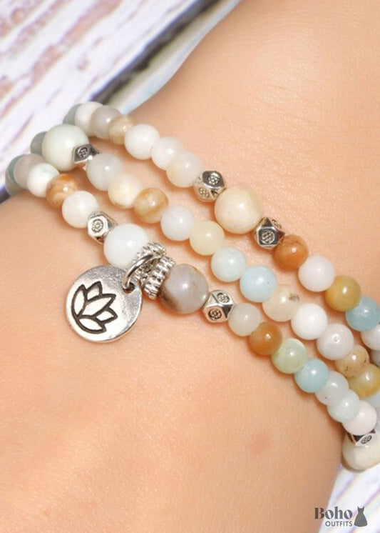 Boho Bracelet Layers Green Amazonite Mala Mantra Lotus