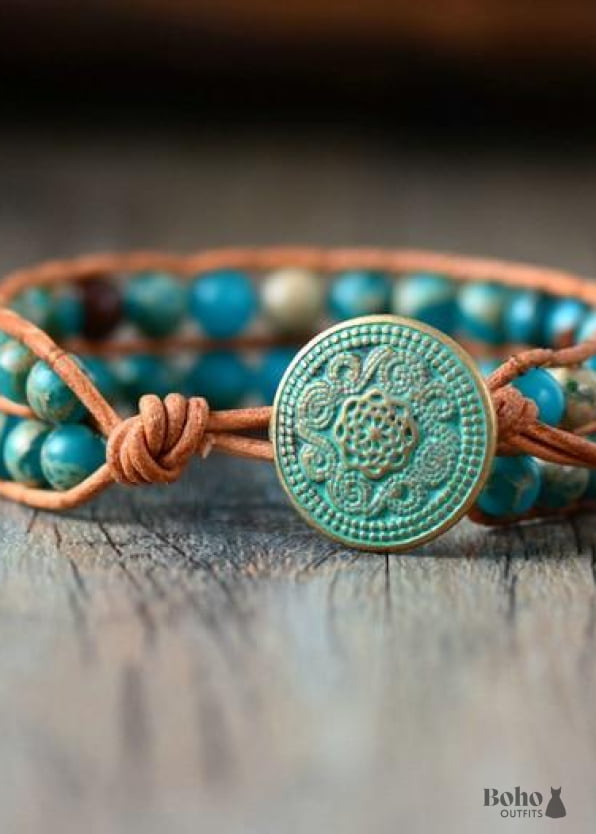 Boho Bracelet Layers Leather Wrap 6 mm Jasper Stones - Blue