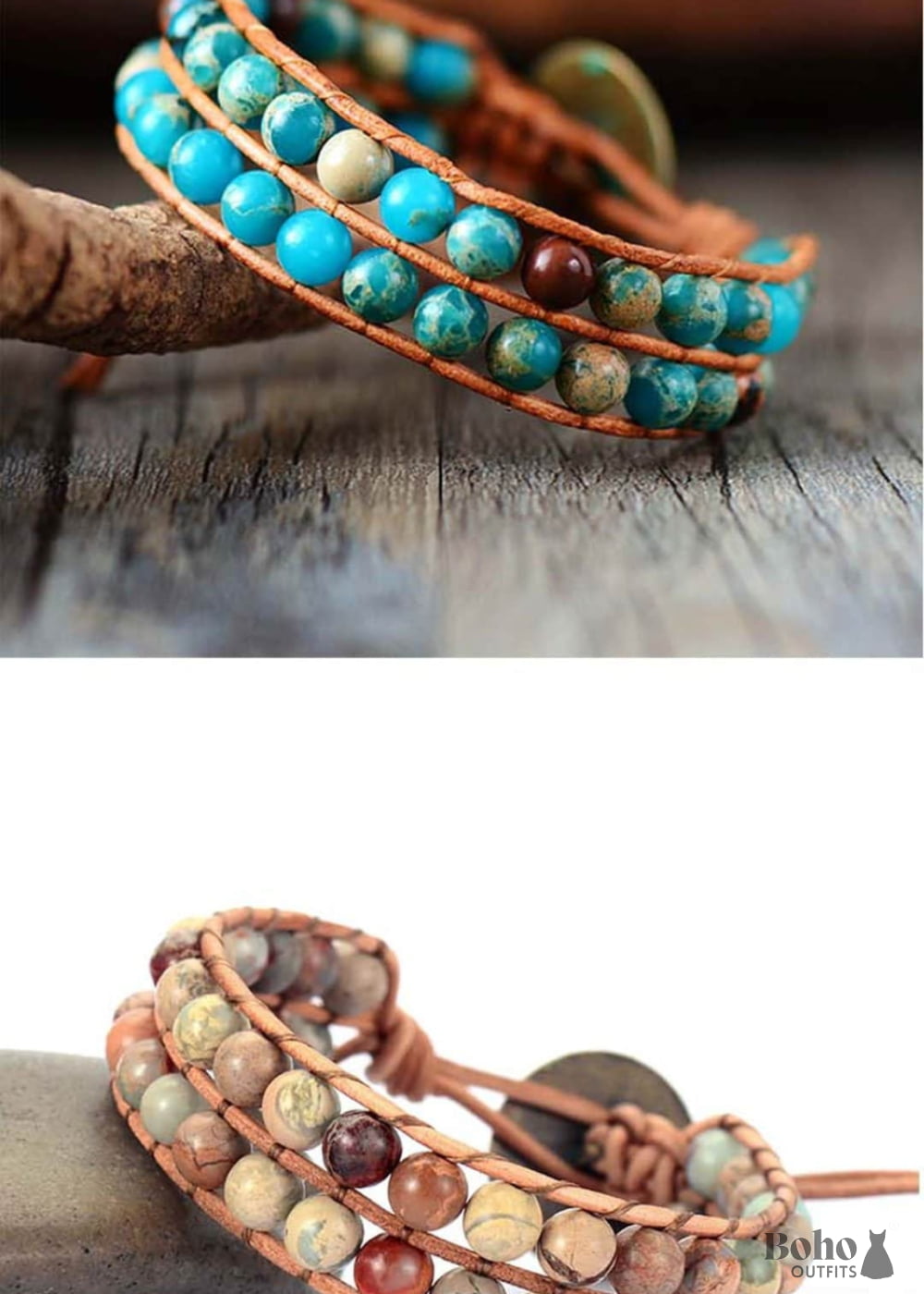 Boho Bracelet Layers Leather Wrap 6 mm Jasper Stones