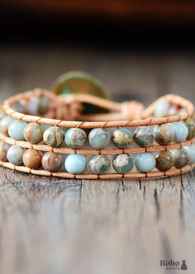 Boho Bracelet Layers Leather Wrap 6 mm Jasper Stones