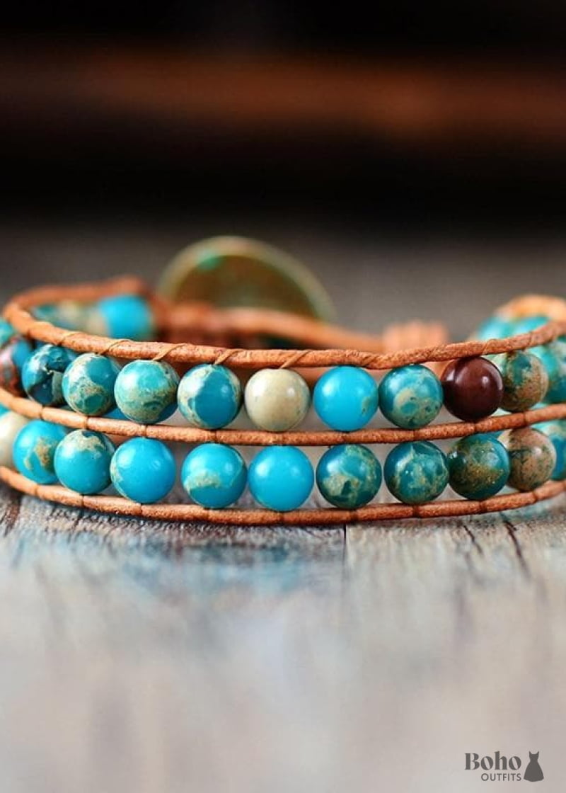 Boho Bracelet Layers Leather Wrap 6 mm Jasper Stones