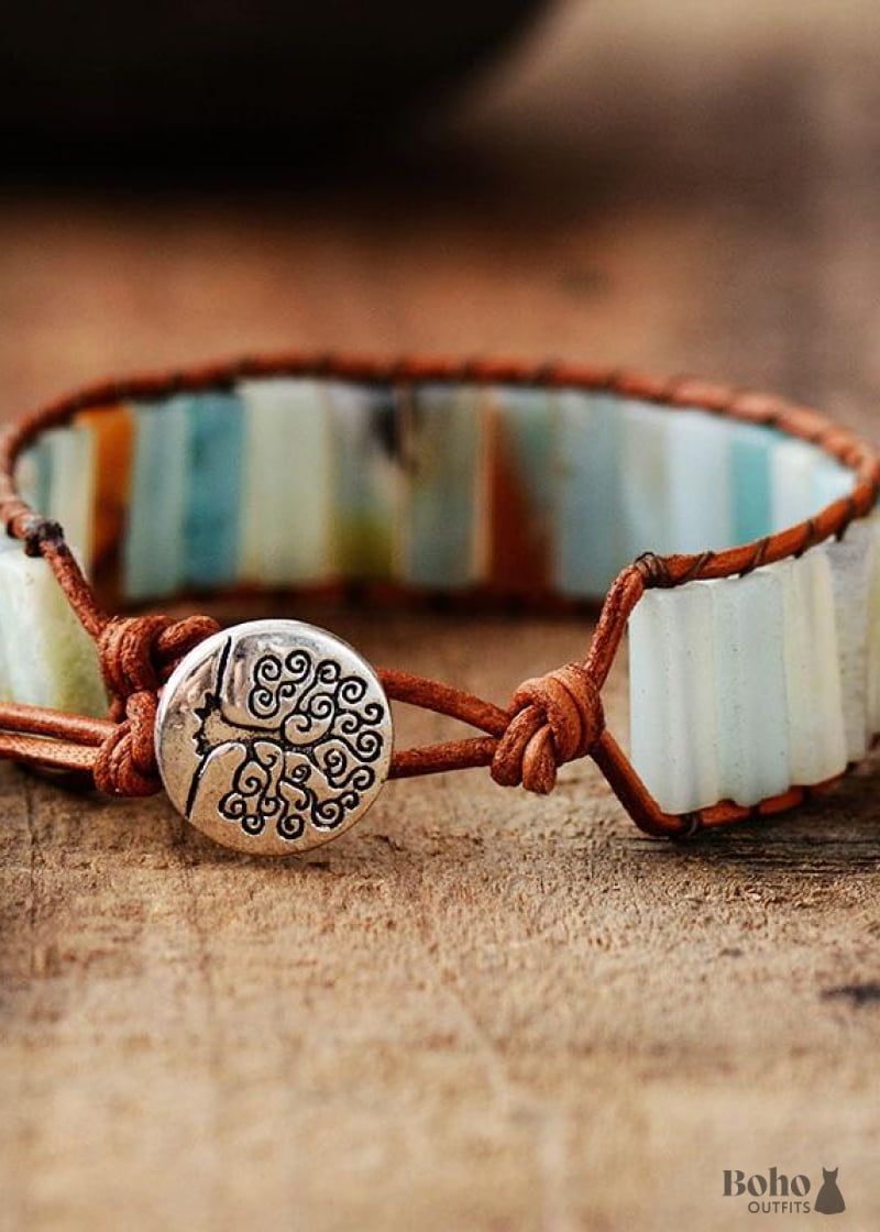 Boho Bracelet Leather Wrap Blue Amazonite - Jewelry