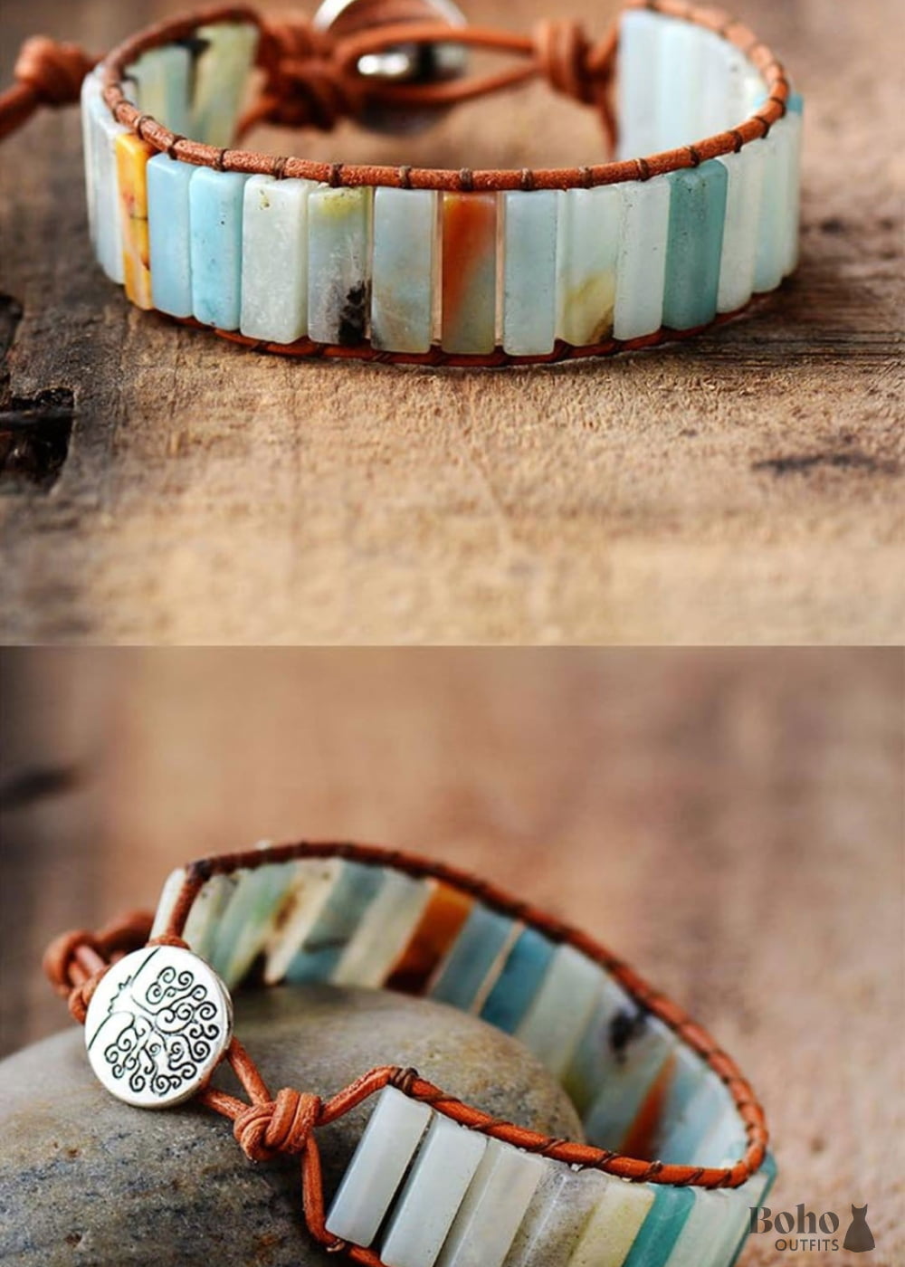 Boho Bracelet Leather Wrap Blue Amazonite - Jewelry