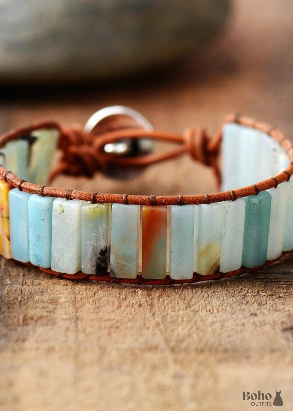 Boho Bracelet Leather Wrap Blue Amazonite - Natural