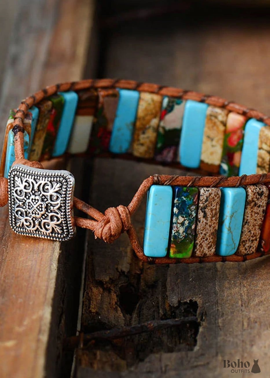 Boho Bracelet Leather Wrap Blue Brown Tube Ethic - Jewelry