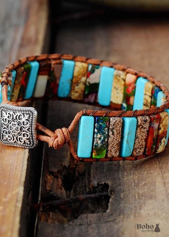 Boho Bracelet Leather Wrap Blue Brown Tube Ethic - Jewelry