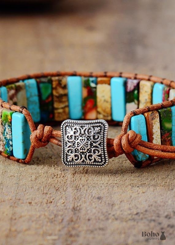 Boho Bracelet Leather Wrap Blue Brown Tube Ethic - Jewelry