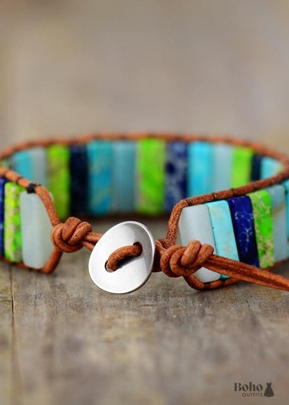 Boho Bracelet Leather Wrap Blue Brown Tube Ethic - Jewelry