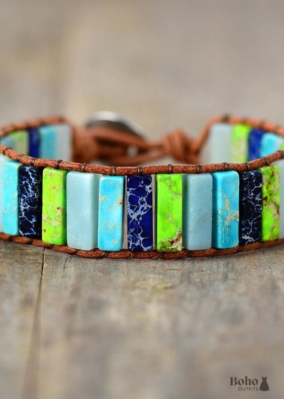 Boho Bracelet Leather Wrap Blue Brown Tube Ethic - Moon -