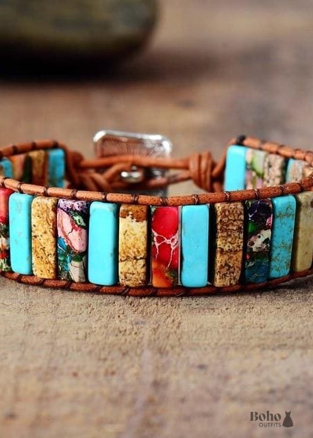 Boho Bracelet Leather Wrap Blue Brown Tube Ethic - Sun -