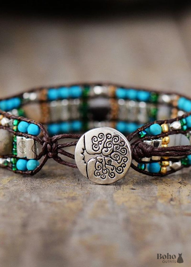 Boho Bracelet Leather Wrap Blue Silver Stone - Jewelry