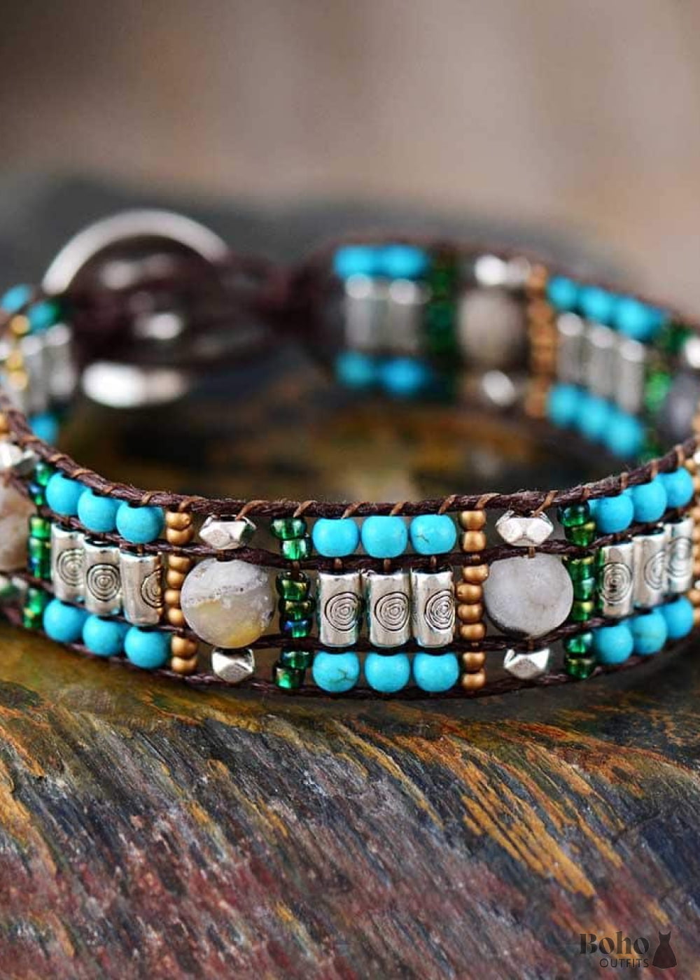 Boho Bracelet Leather Wrap Blue Silver Stone - Jewelry