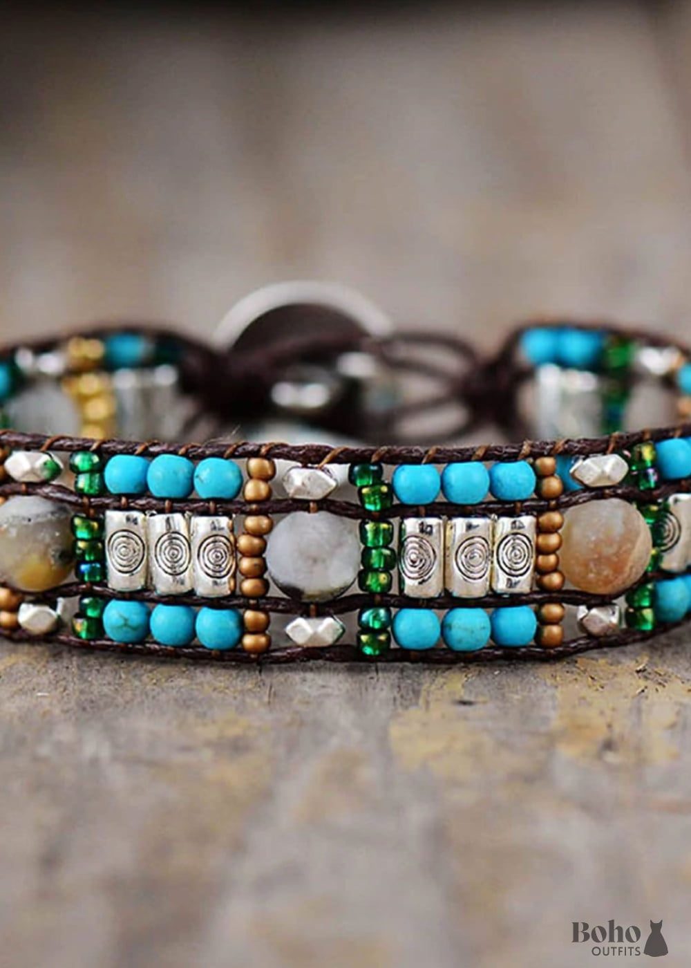 Boho Bracelet Leather Wrap Blue Silver Stone - Jewelry