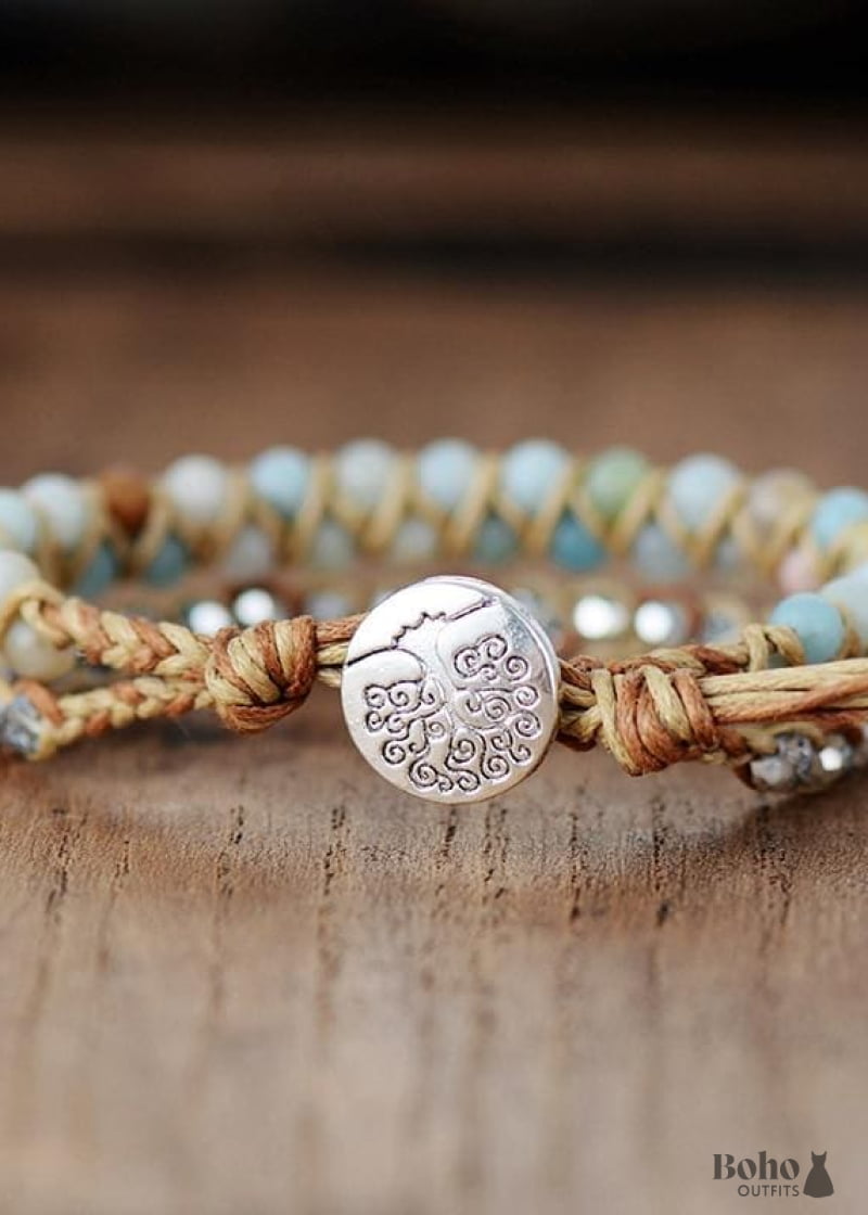 Boho Bracelet Leather Wrap Light Blue Amazonite