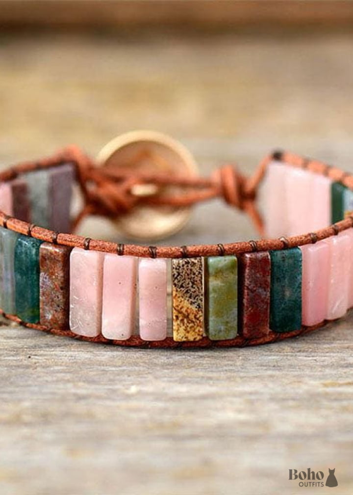 Boho Bracelet Leather Wrap Tube Natural Pink Stone - Heart