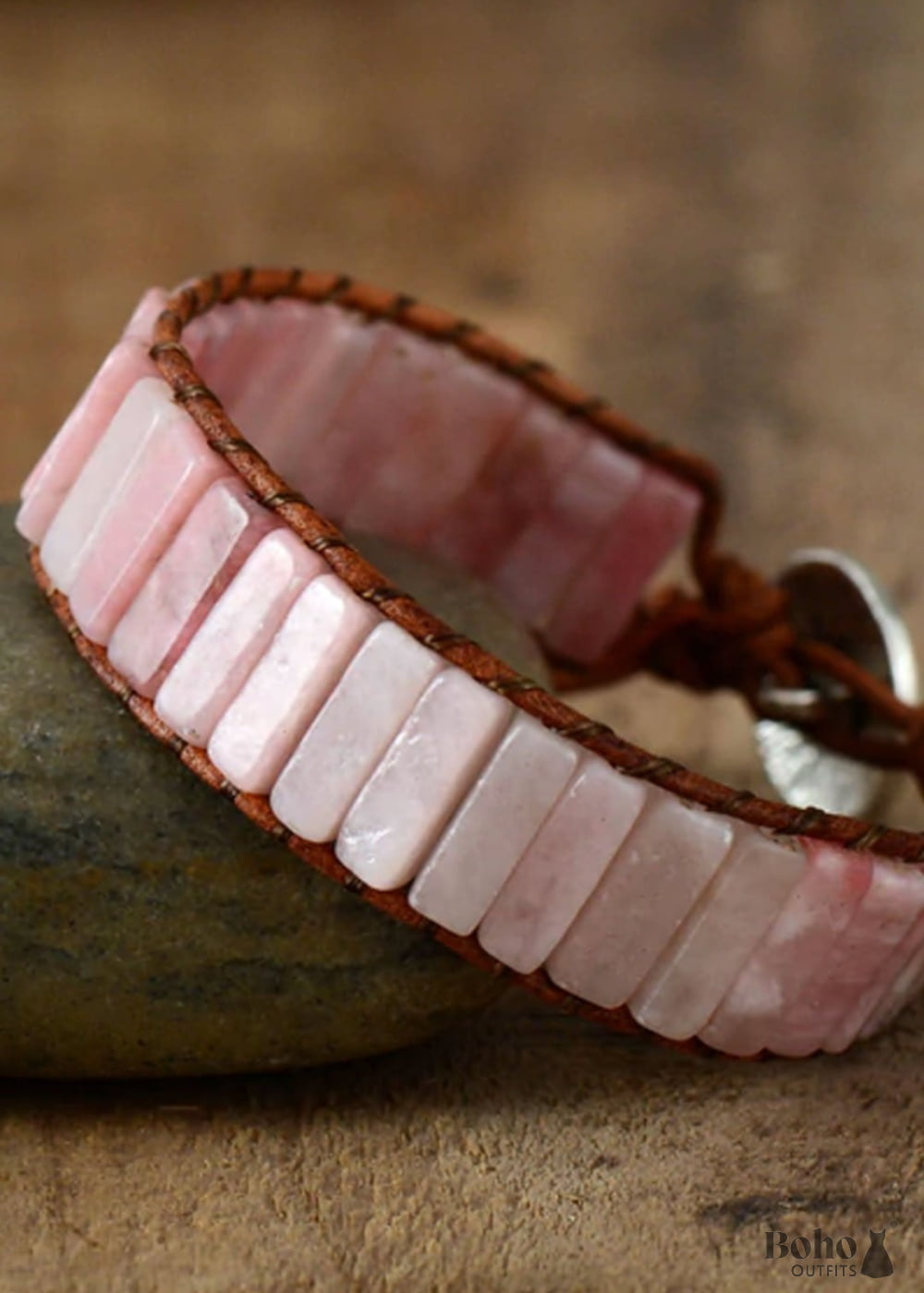 Boho Bracelet Leather Wrap Tube Natural Pink Stone - Jewelry