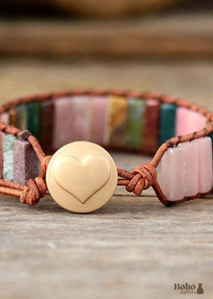 Boho Bracelet Leather Wrap Tube Natural Pink Stone - Jewelry