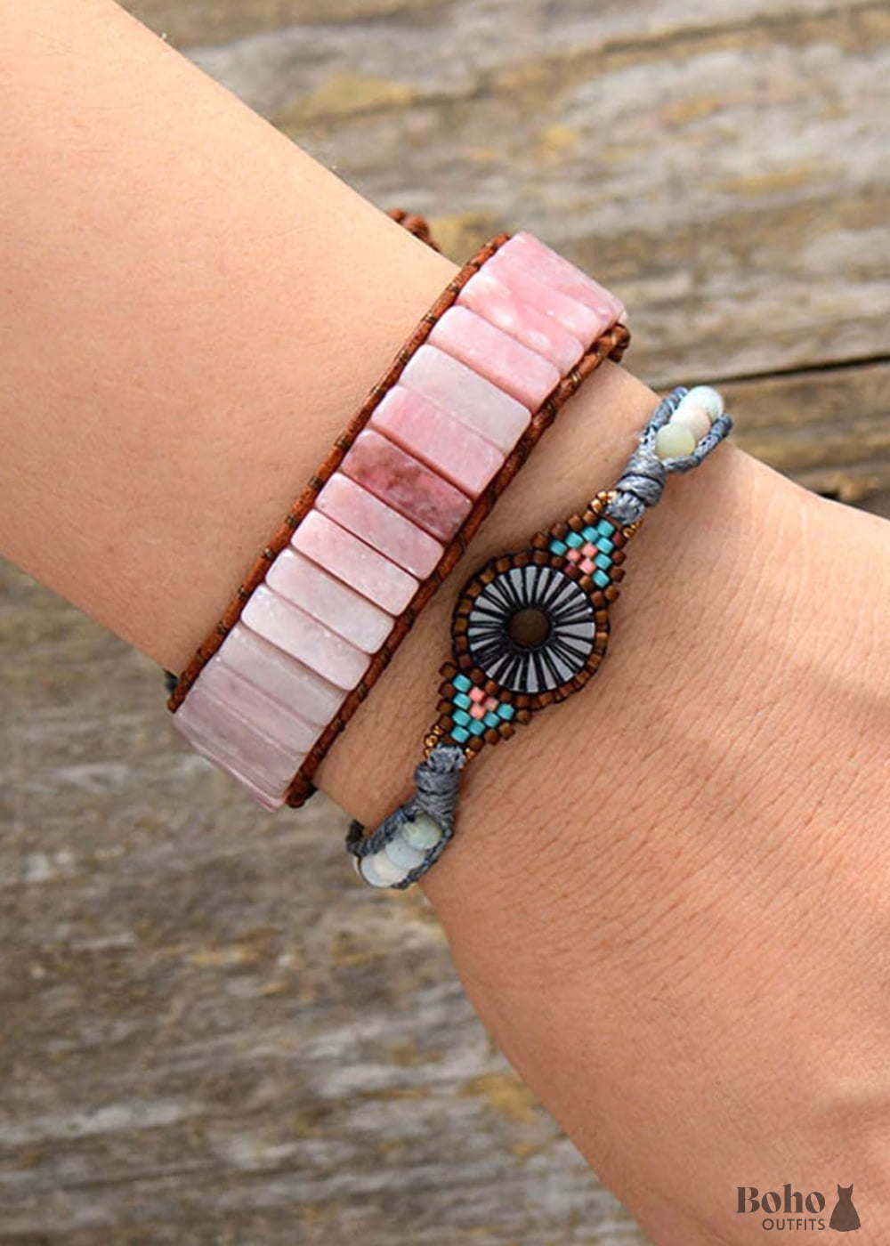 Boho Bracelet Leather Wrap Tube Natural Pink Stone - Jewelry