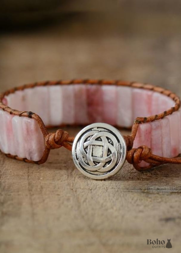 Boho Bracelet Leather Wrap Tube Natural Pink Stone - Jewelry