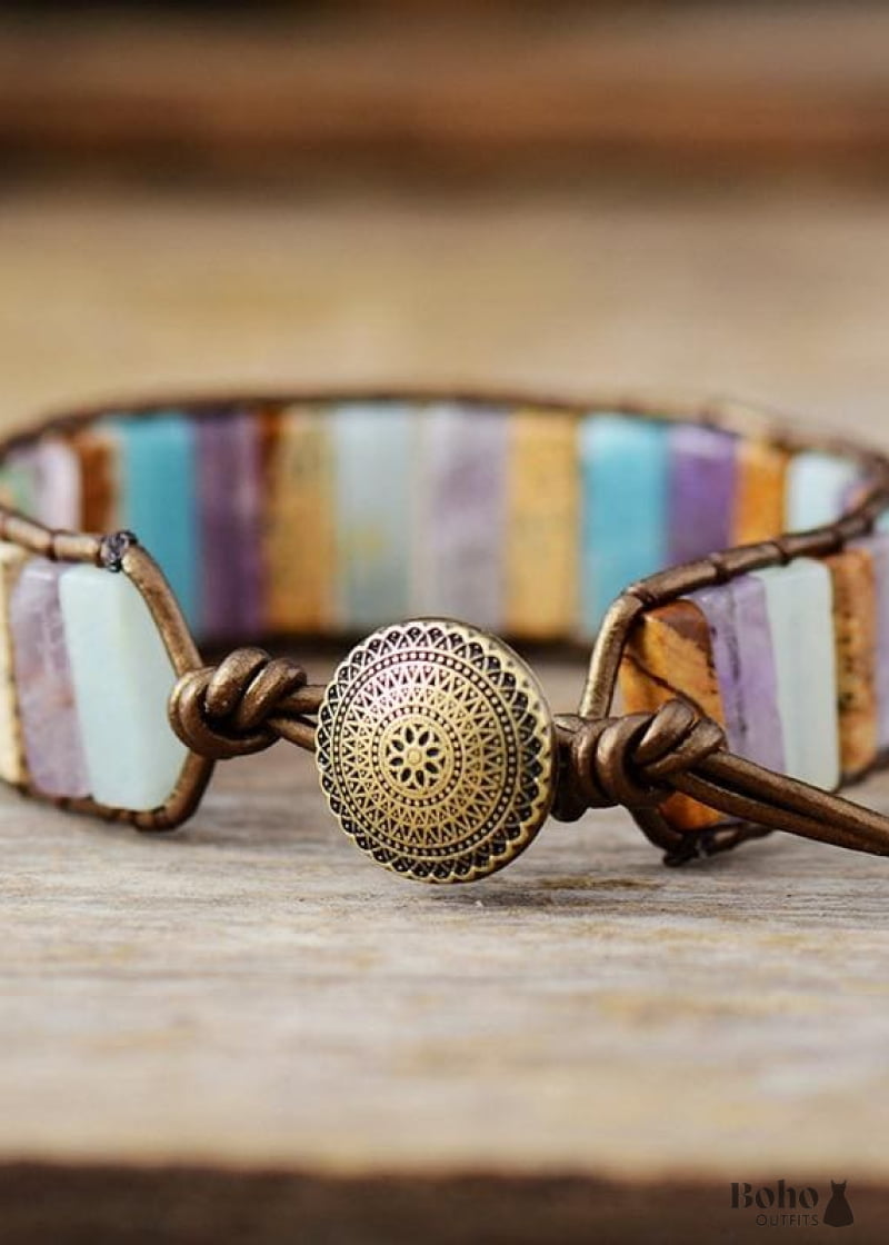 Boho Bracelet Leather Wrap Tube Natural Pink Stone - Jewelry