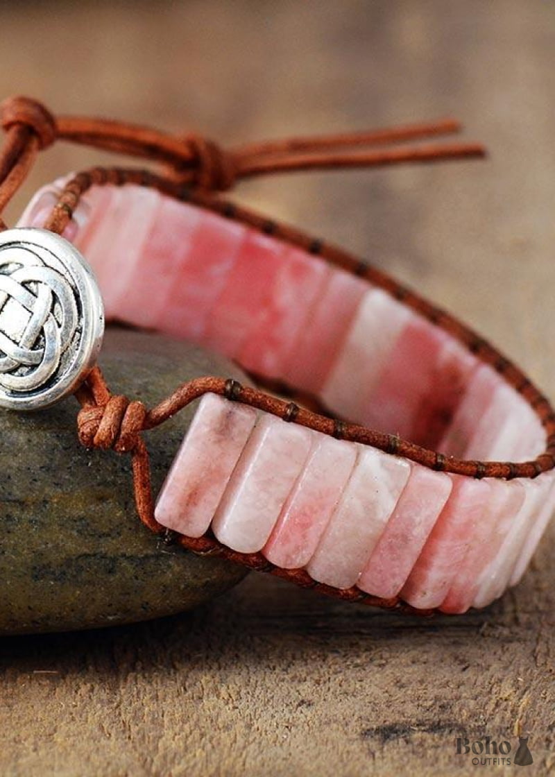 Boho Bracelet Leather Wrap Tube Natural Pink Stone - Jewelry