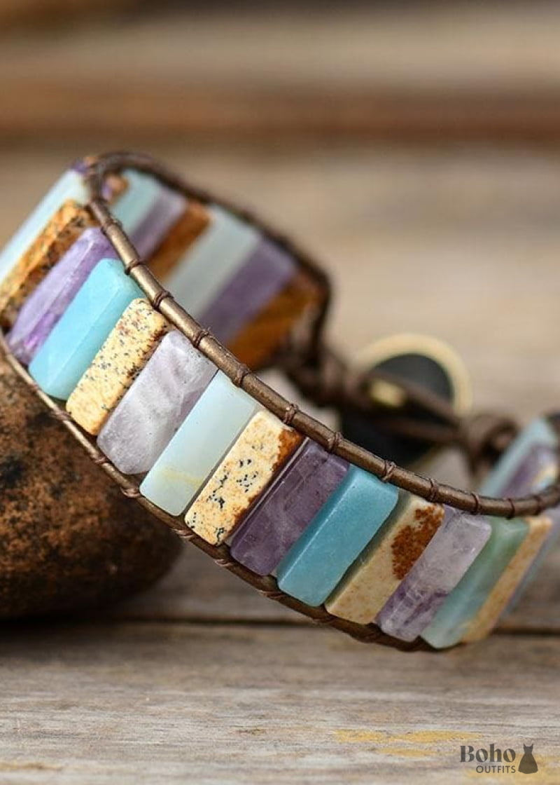 Boho Bracelet Leather Wrap Tube Natural Pink Stone - Mix