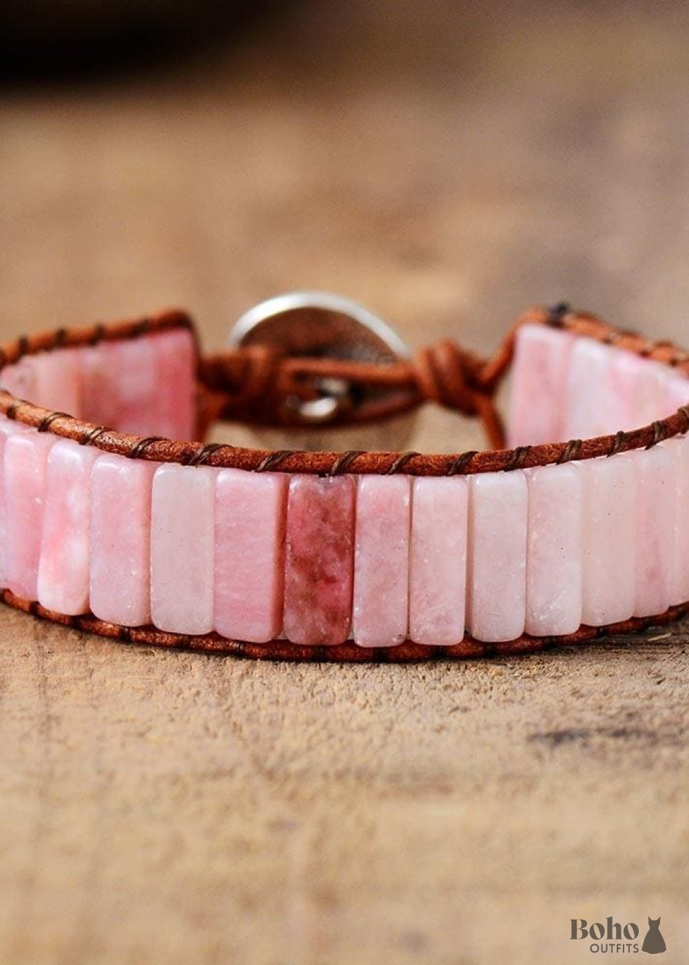 Boho Bracelet Leather Wrap Tube Natural Pink Stone - Opal