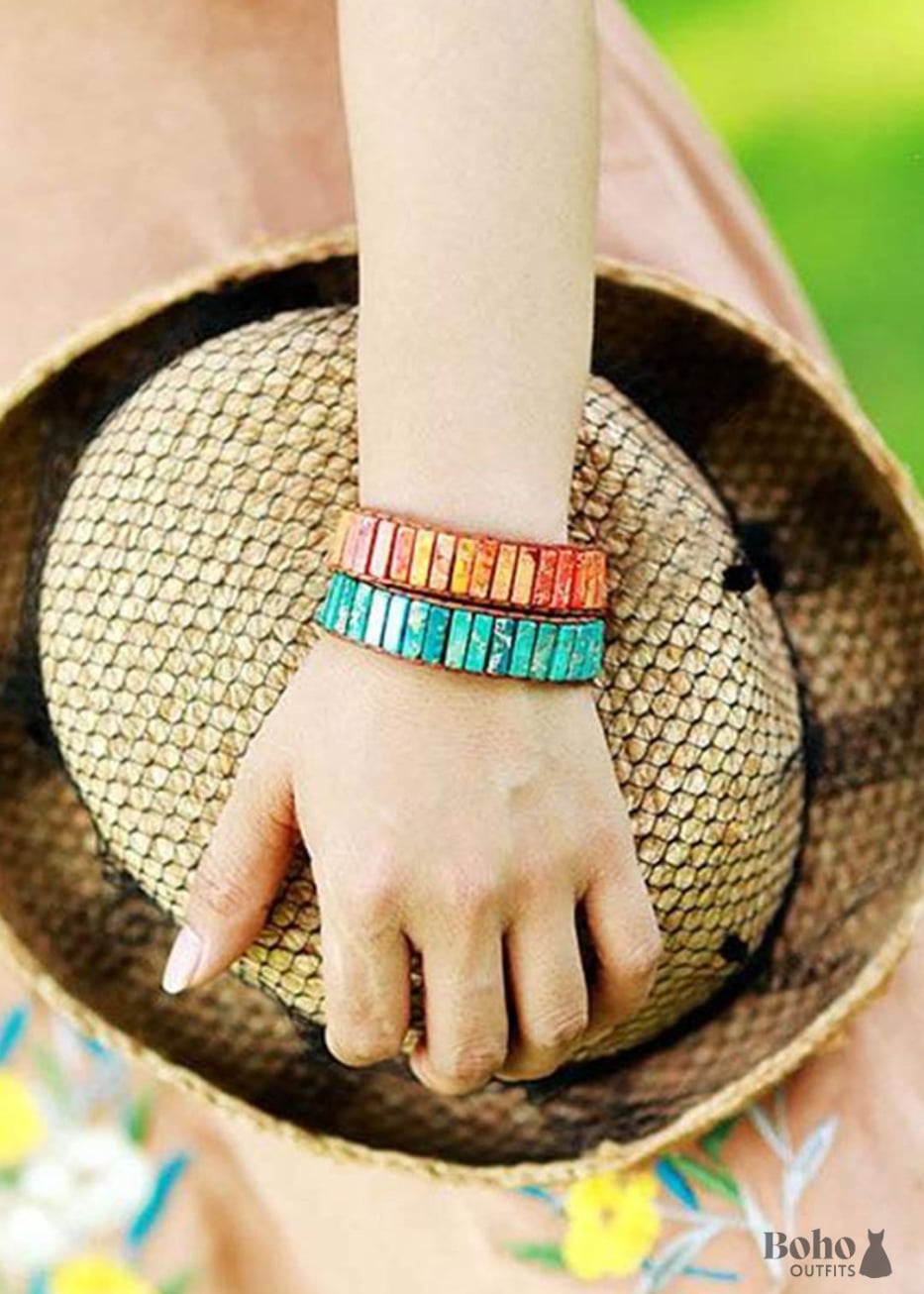 Boho Bracelet Leather Wrap Tube Natural Stones 4 colors Blue