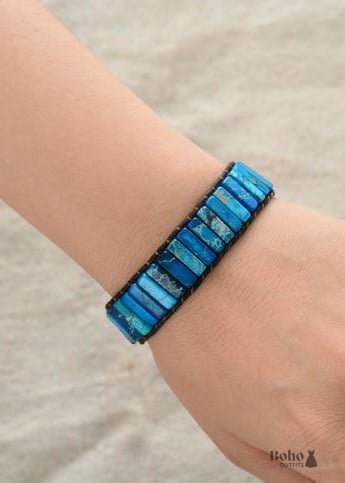 Boho Bracelet Leather Wrap Tube Natural Stones 4 colors Blue