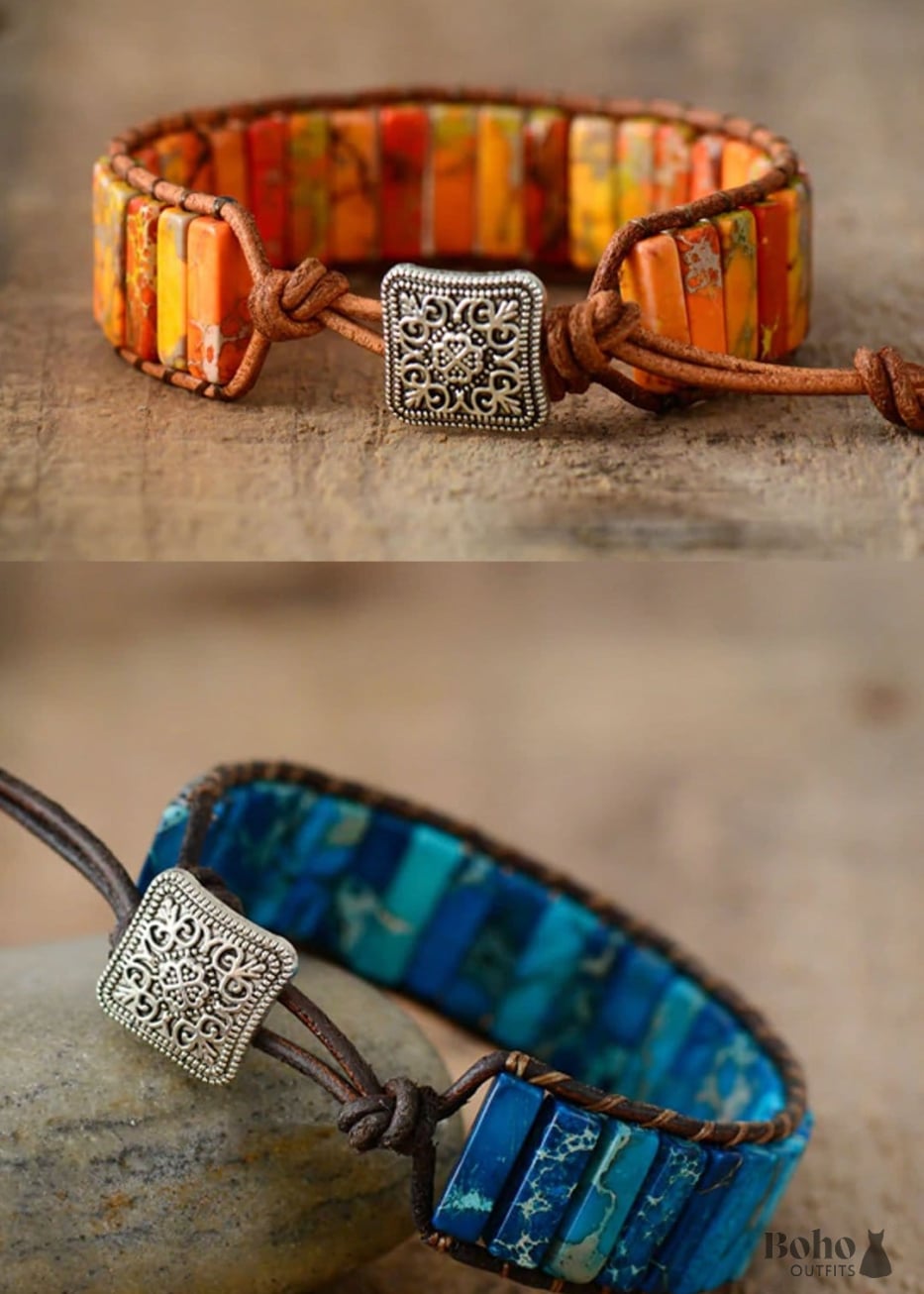 Boho Bracelet Leather Wrap Tube Natural Stones 4 colors Blue